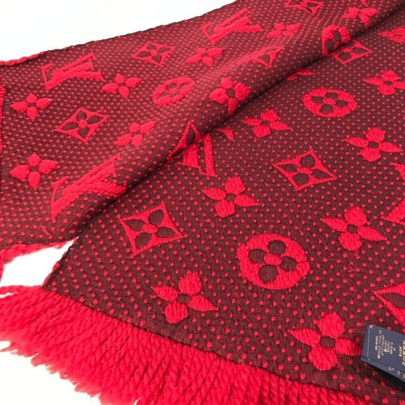 Auth LOUIS VUITTON M72432 Echarpes-logo mania fringe Scarf wool / silk Red - Picture 10 of 11